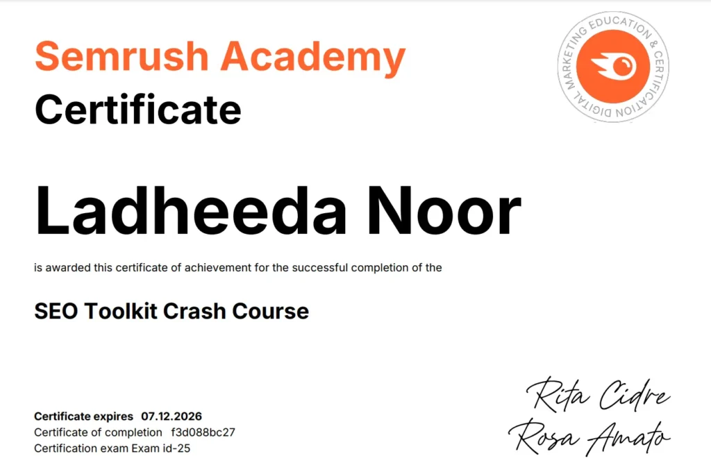 Home semruhsh academy certificate of ladheeda as freelance digital marketer in malappuram